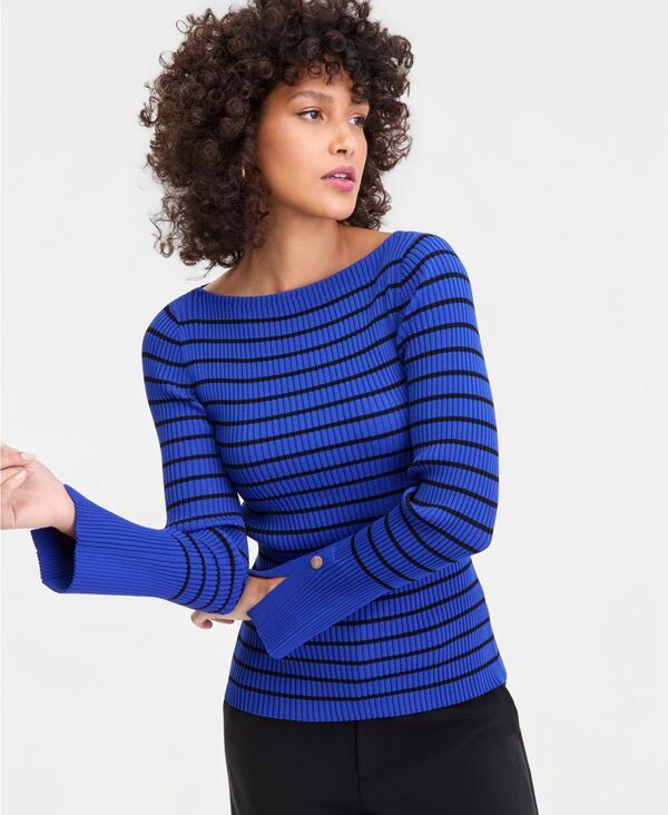 【送料無料】 アイエヌシー インターナショナル コンセプト レディース ニット・セーター アウター Womens Long Sleeve Boat Neck RibKnit Sweater Blue Black Combo