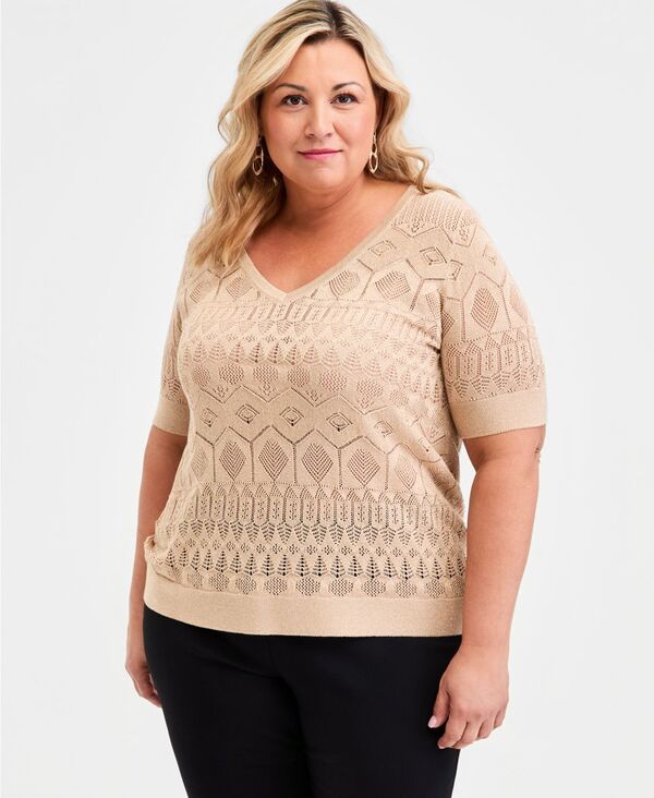 【送料無料】 ジェイエムコレクション レディース ニット・セーター アウター Plus Size Metallic Pointelle Knit ElbowSleeve Sweater Nautral Camel Lurex Combo