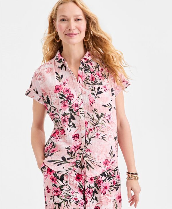 【送料無料】 スタイルアンドコー レディース シャツ トップス Womens Cotton Gauze ShortSleeve Button Up Shirt Pink Floral