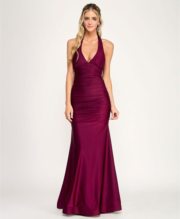 【送料無料】 エメラルドサンデー レディース ワンピース トップス Juniors Ruched TieBack Halter Gown Wine