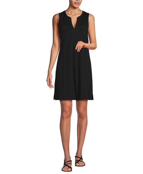 【送料無料】 ランズエンド レディース ワンピース トップス Womens Cotton Jersey Notch Neck Dress Black