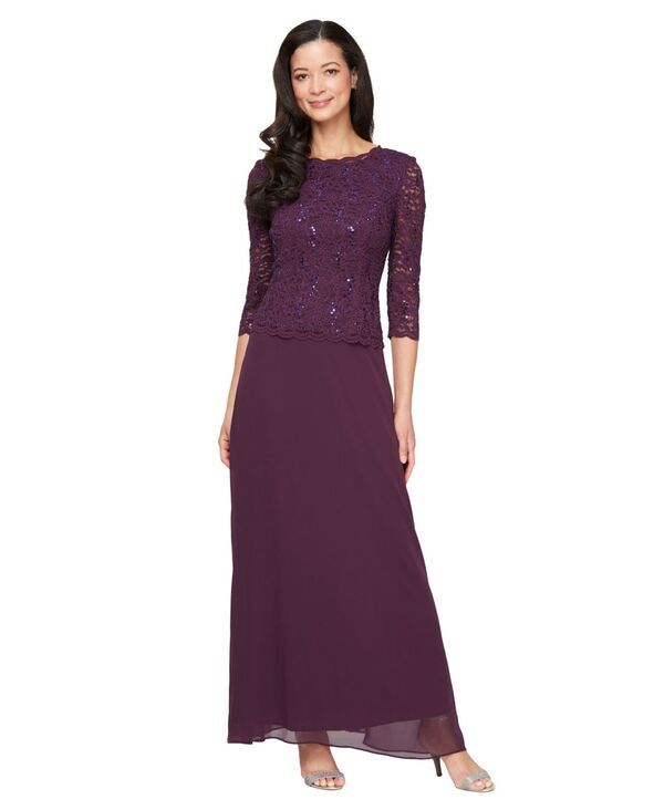 【送料無料】 アレックスイブニングス レディース ワンピース トップス Petite Sequin Lace Gown Deep Plum
