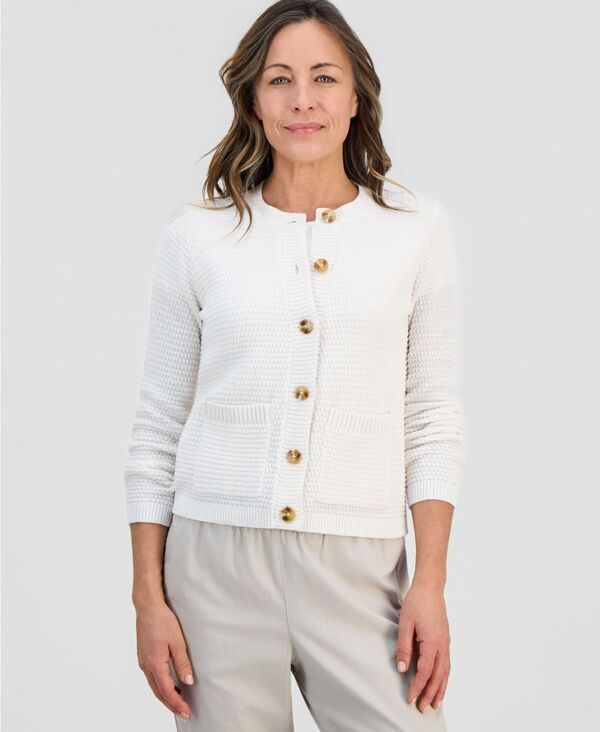 【送料無料】 スタイルアンドコー レディース ニット・セーター アウター Petite Textured Stitch Crewneck Cardigan Shiitake
