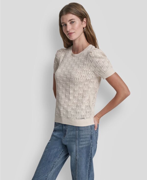 【送料無料】 ダナキャランニューヨーク レディース ニット・セーター アウター Womens Short Sleeve Crew Neck Lace Pointelle Sweater Eggnog
