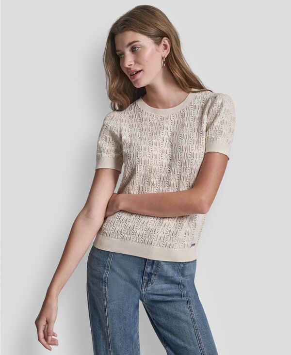 【送料無料】 ダナキャランニューヨーク レディース ニット・セーター アウター Womens Short Sleeve Crew Neck Lace Pointelle Sweater Eggnog