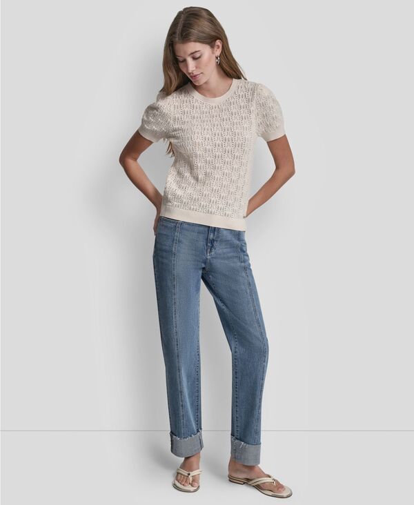 【送料無料】 ダナキャランニューヨーク レディース ニット・セーター アウター Womens Short Sleeve Crew Neck Lace Pointelle Sweater Eggnog