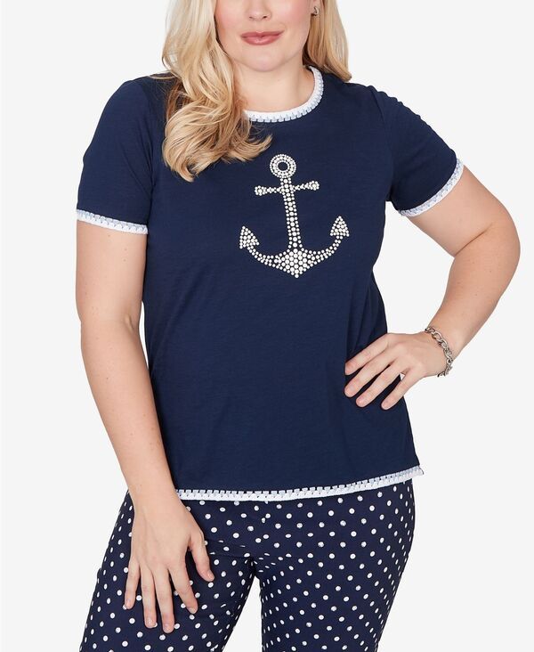 【送料無料】 アルフレッド ダナー レディース Tシャツ トップス Petite Port Side Pearl Anchor Graphic Tshirt Navy