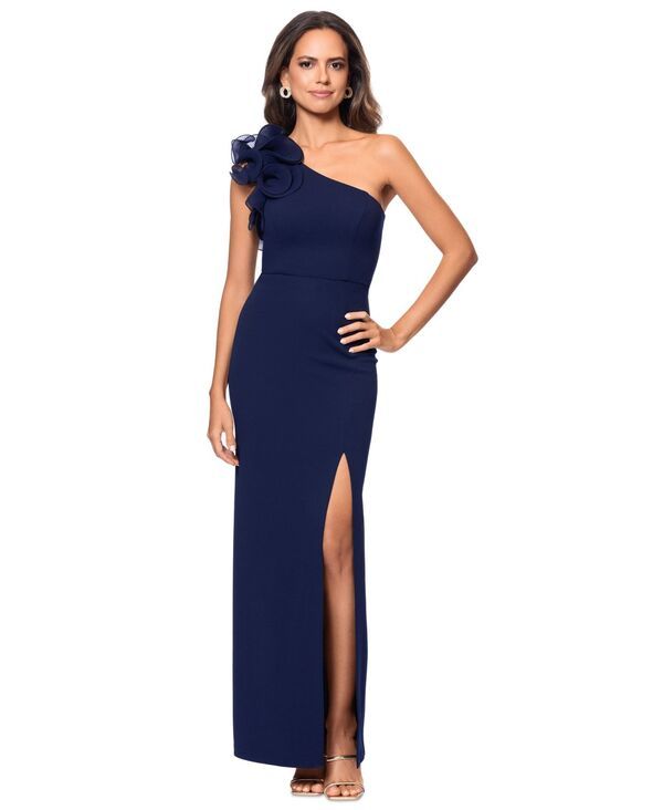 【送料無料】 エスケープ レディース ワンピース トップス Petite OneShoulder Ruffle Gown Navy