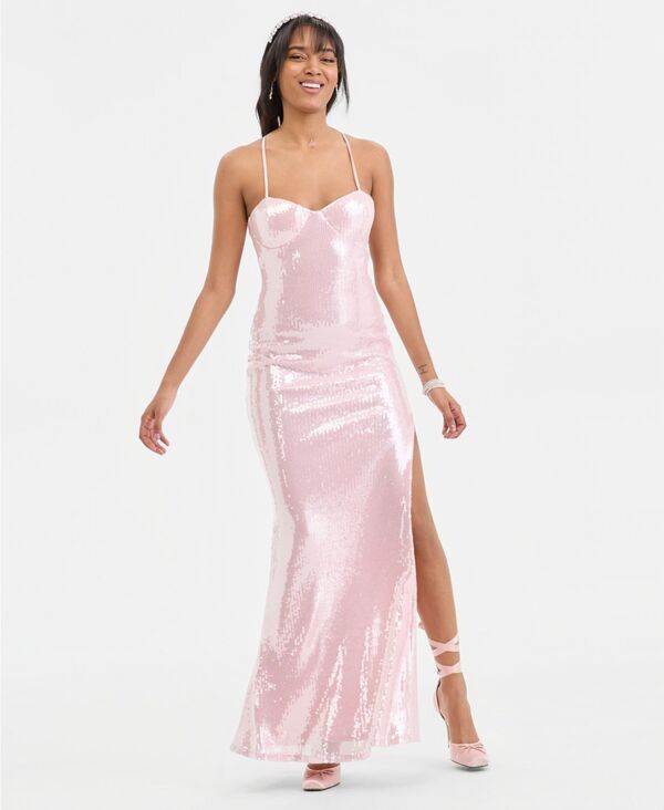 【送料無料】 エメラルドサンデー レディース ワンピース トップス Juniors Sequin Sweetheart OpenBack Gown Blush