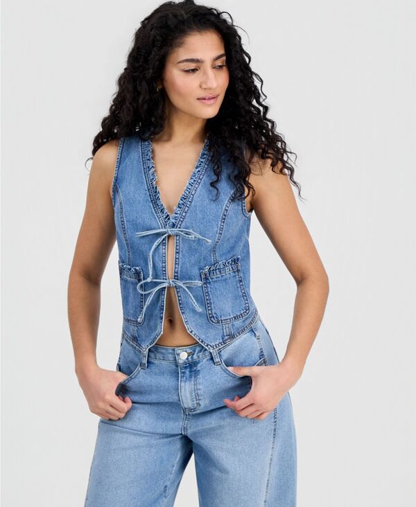 【送料無料】 アンドノウディス レディース ベスト トップス Womens Ruffled TieFront Denim Vest Medium Wash