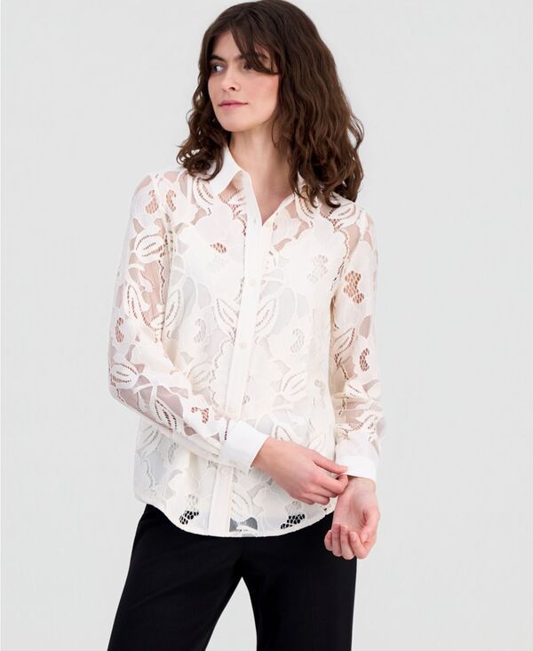 【送料無料】 アンクライン レディース シャツ トップス Womens Collared FloralLace ButtonFront Shirt White Dove