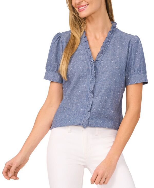 【送料無料】 セセ レディース シャツ トップス Womens Cotton VNeck ShortSleeve RuffleTrim Top Niagara Blue