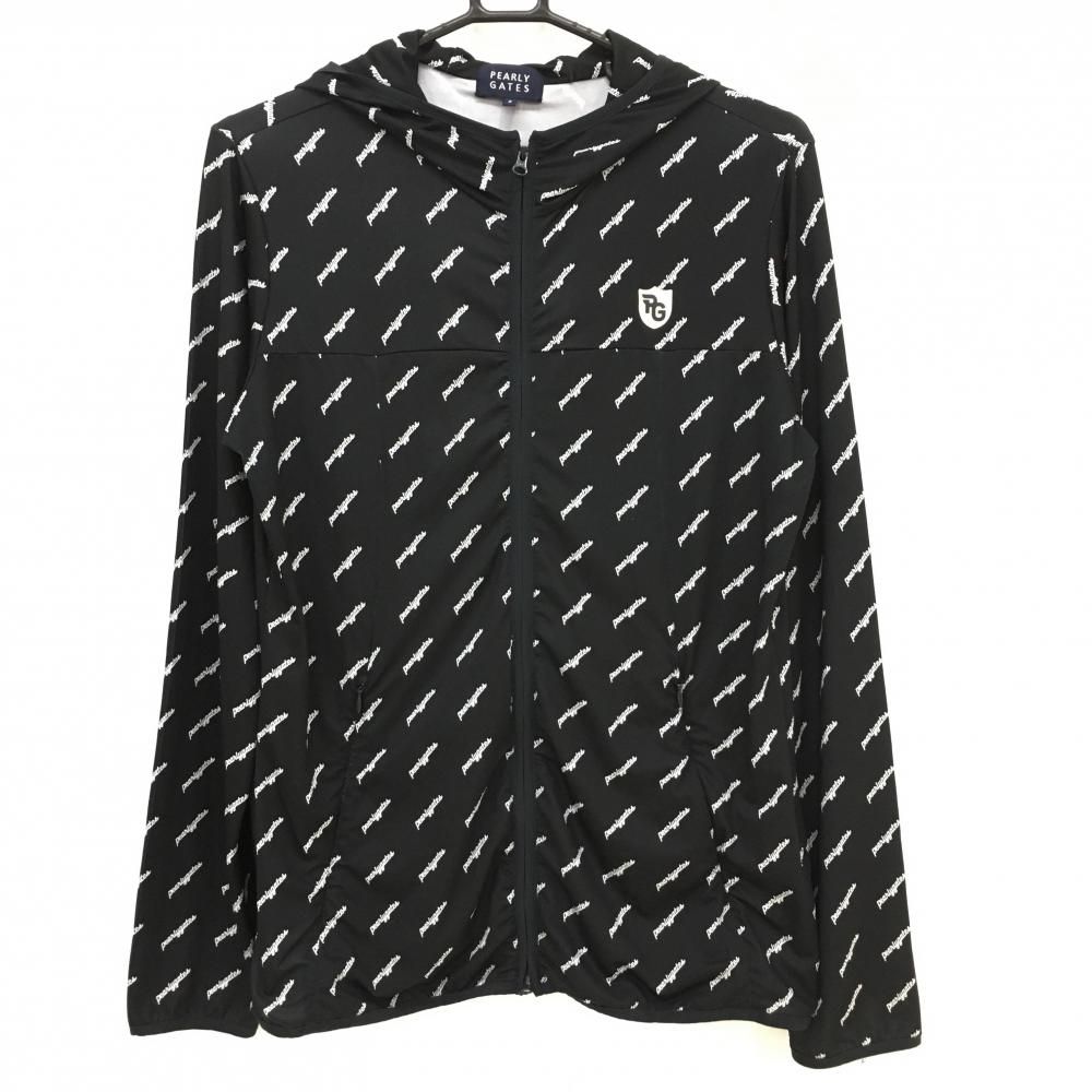【美品】パーリーゲイツ ジップパーカー ネイビー×白 ロゴ総柄 ストレッチ ブルゾン レディース 2(L) ゴルフウェア PEARLY GATES