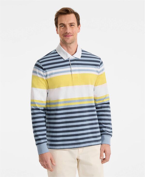 【送料無料】 ランズエンド メンズ ポロシャツ トップス Mens Long Sleeve Stripe Rugby Shirt Deep oceanyellow stripe