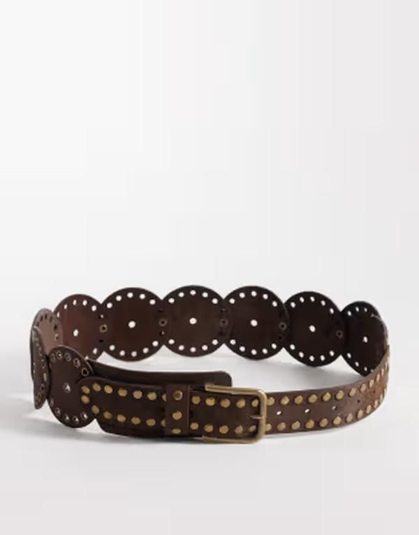 エイソス レディース アクセサリー ベルト スエード ASOS DESIGN faux suede studded roundisc belt BROWN ブラウン