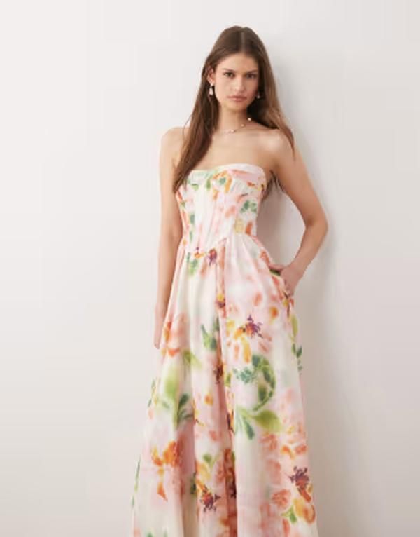 バードット レディース トップス ワンピース フラワー柄 ミディ ストラップレス フラワー Bardot Lola corset strapless midi dress floral Pink Floral ピンク
