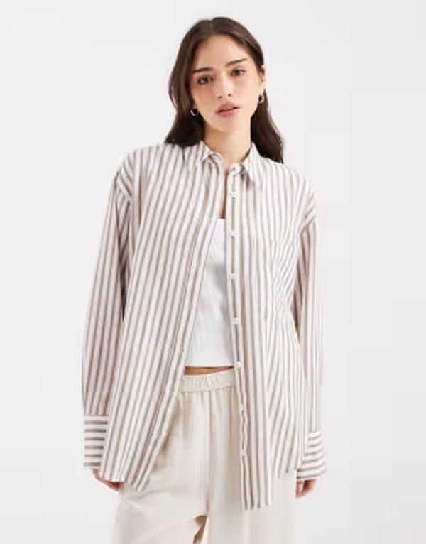 エイソス レディース トップス シャツ リネン ASOS DESIGN oversized linen blend shirt stripes Brown stripe ブラウン