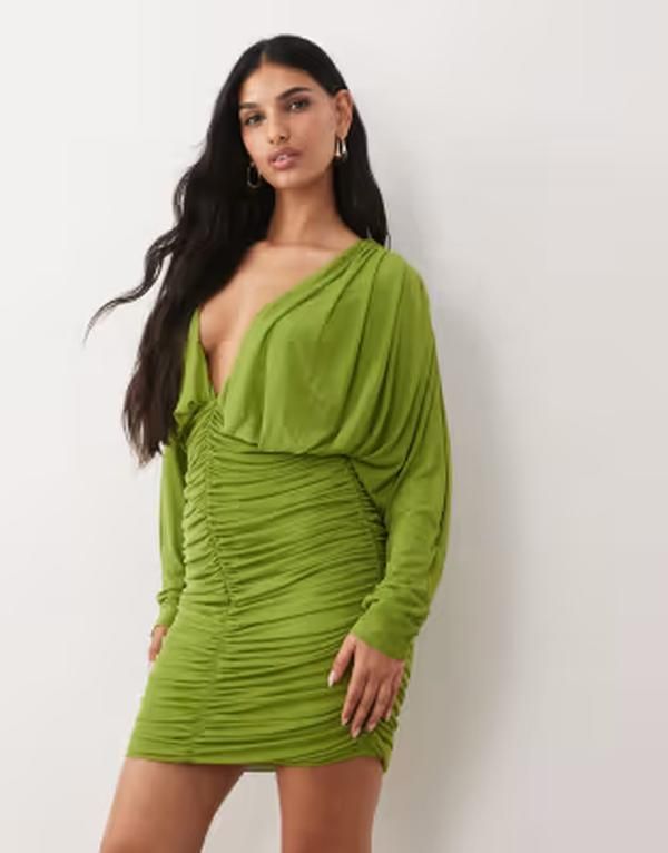 エイソス レディース トップス ワンピース ギャザー ミニ メッシュ ASOS DESIGN mesh long sleeve deeplunge ruched mini dress Green グリーン