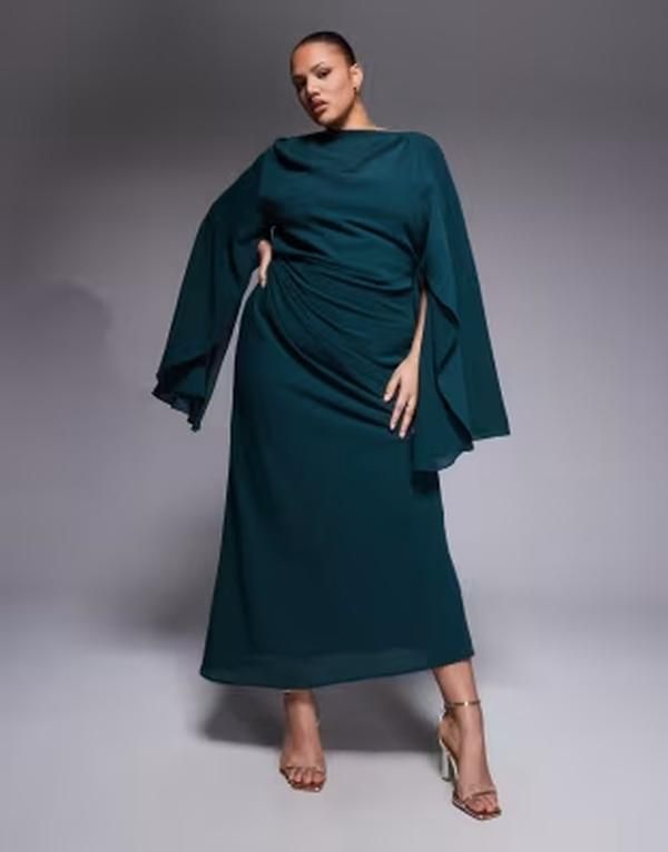 エイソス レディース トップス ワンピース オープンバック ケープデザイン ドレープ キャップ ケープ ASOS Curve ASOS DESIGN Curve kimono sleeve cape detail draped midaxi with open