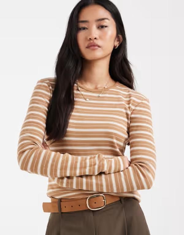 アンドアザーストーリーズ レディース トップス Tシャツ リブ Other Storiesuper soft ribbed long sleeved slim top stripe Beige Stripe ベージュ
