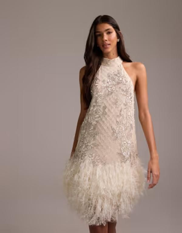 エイソス レディース トップス ワンピース フラワー柄 ミニ フリンジ フラワー ホルター ASOS DESIGN floral embellished halter mini wedding dress with fringe hem Ivory アイボリー