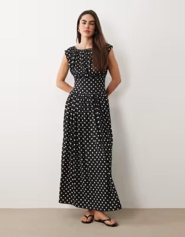 エイソス レディース トップス ワンピース ウエストマーク ドット ノースリーブ マキシ ASOS DESIGN sleeveless cinched waist maxi dress and white polka dots Mono polka dot ド