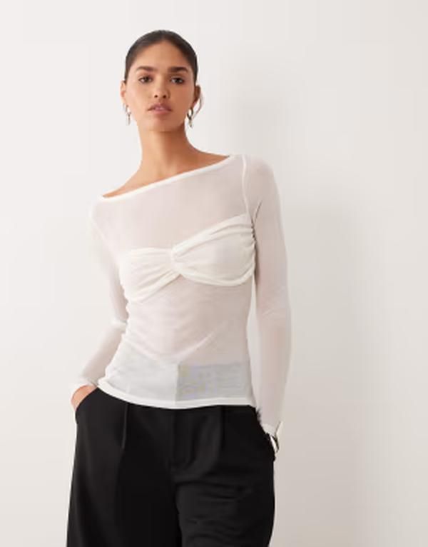 エイソス レディース トップス Tシャツ セミシアー ギャザー オーバーレイ シアー ニット ASOS DESIGN knitlook semi sheer long sleeve top with ruched bust overlay Ivory アイボリ