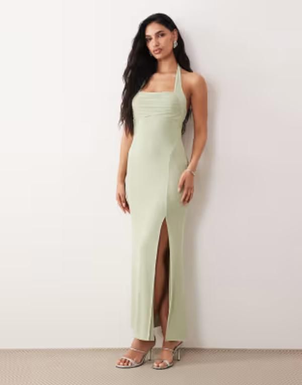 エイソス レディース トップス ワンピース ギャザー メッシュ マキシ ホルター ASOS DESIGN meshalter neck maxi dress with ruched bust detail in sage セージ