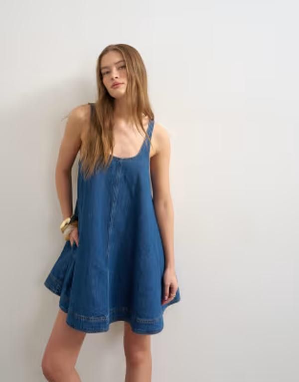 トップショップ レディース トップス ワンピースカート デニム Topshop denim circle skirted pinafore dress in rich blue ブルー