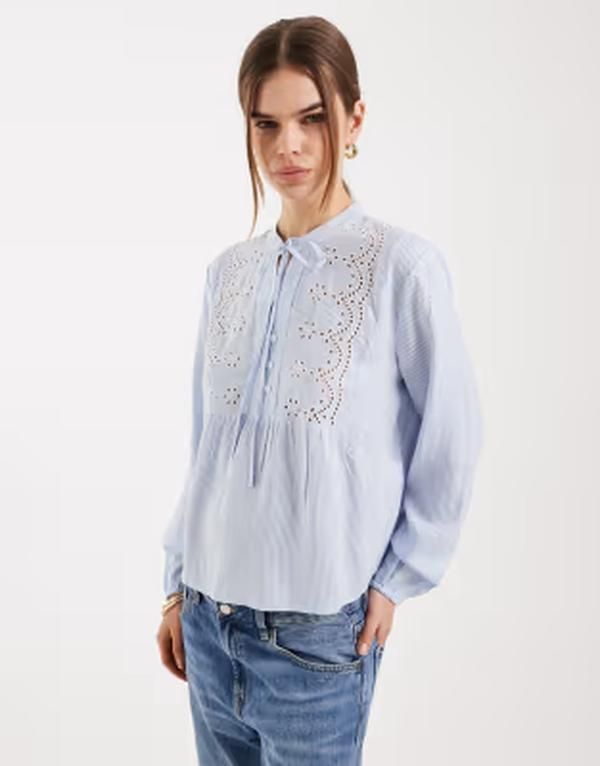 オンリー レディース トップス シャツ レース ONLY lace detailing shirt stripes LIGHT BLUE ブルー