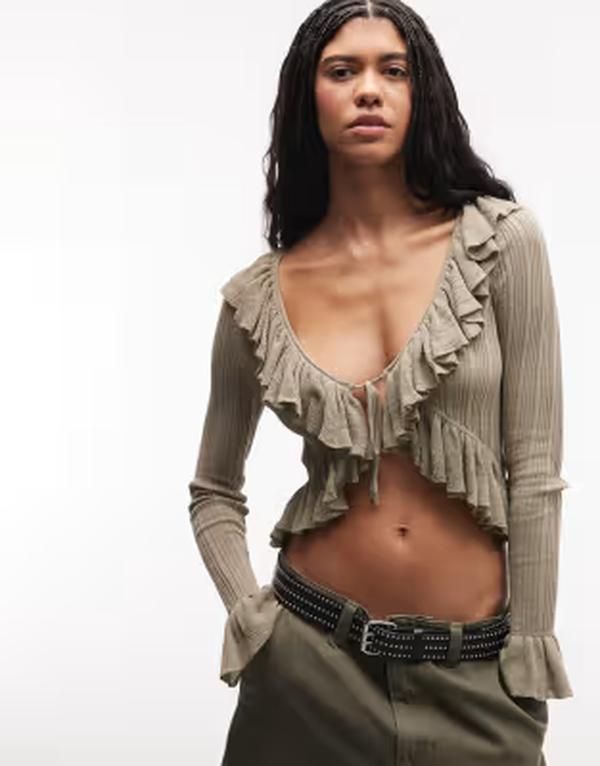 モンキ レディース アウター カーディガン ニット Monki frill trim knit cardigan Khaki カーキ