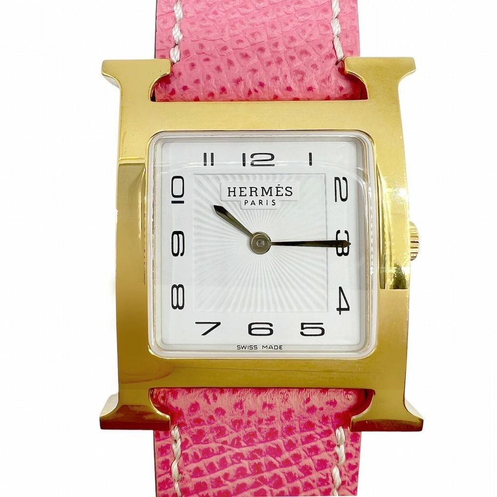 HERMES エルメス Hウォッチ SS ピンクベルト レザー ピンク H1.510 □N刻印 2010年　レディース　女性用 腕時計　時計　Ｈロゴ　本革　リアルレザー　ゴールド金具　金色 【ブランドギャラリー東心斎橋店】