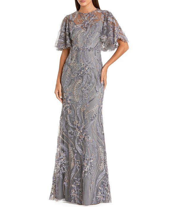 マックダガル レディース トップス ワンピース ハイネック フラワー柄 刺繍 フラワー Mac Duggal High Neck Flutter Sleeve Floral Embroidered Longown Charcoal チャコール