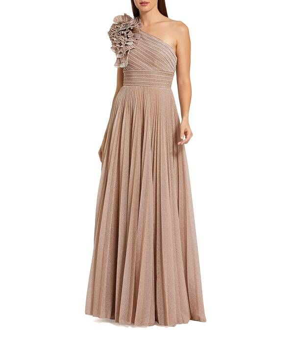 マックダガル レディース トップス ワンピース A ライン プチ プリーツ メッシュ トール Mac Duggal Petite 3D Applique One Shoulder Pleated Metallic Mesh ALine Gown Champag