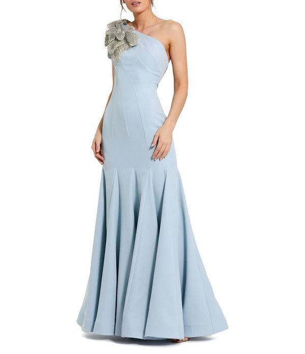マックダガル レディース トップス ワンピース クレープ フラワー柄 プチ フラワー Mac Duggal Petite Size One Shoulder 3D Rhinestone Floral Applique Seamed Crepe Mermaid