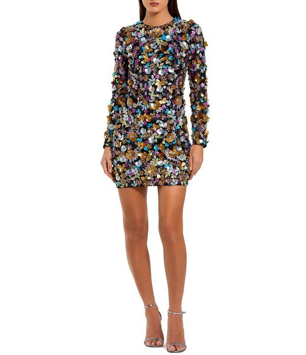 マックダガル レディース トップス ワンピース ミニ メッシュ スパンコール Mac Duggal Beaded Sequin Mesh Long Sleeve Mini Dress Black Multi ブラック 107,690円