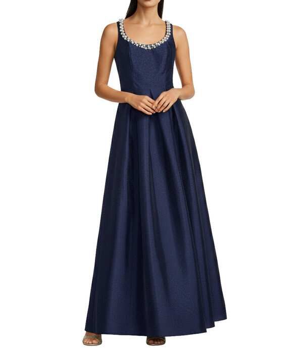 エリザジェイ レディース トップス ワンピース ノースリーブ Eliza J Mikado Pearl Trim Scoop Neck Sleeveless Gownavy ネイビー