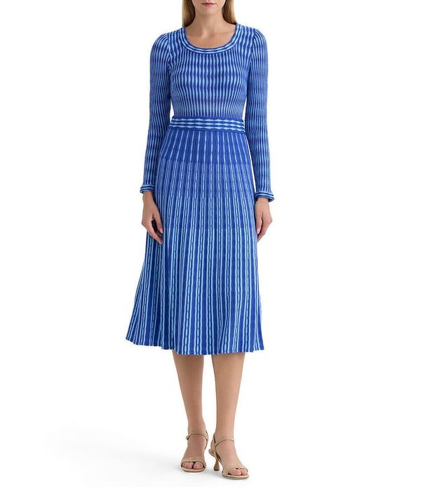 ミンウォン レディース トップス ワンピース ミディ ニット Ming Wang Tonal Pointelle Knit Scoop Neck Long Sleeve FitAndFlare Midi Dressapphire SeaSerene サファイア