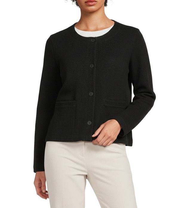 エイリーンフィッシャー レディース アウター コート コットン ニット ジャケット Eileen Fisher Organicotton Double Knit Round Neck Long Sleeve Short Jacket Black ブラック