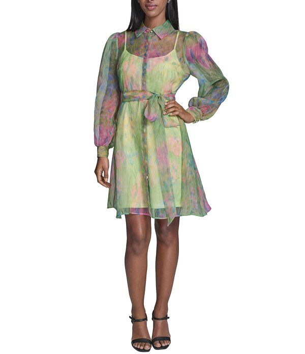カール ラガーフェルド レディース トップス ワンピース プリント シャツ KARLAGERFELD PARIS Printed Organza Long Sleeve Shirt Collar Neckline Belted Shirt Dress Pink