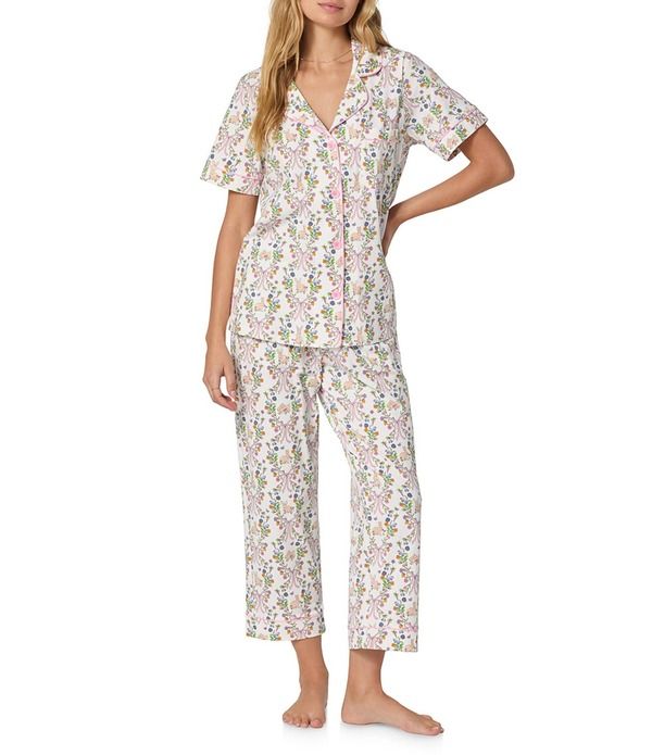 ベッドヘッド レディース アンダーウェア ナイトウェア プリント コットン クロップド ニット Bedhead Bunny Blooms Print Organicotton Blend Short Sleeve Notch Collar Cotton Kni