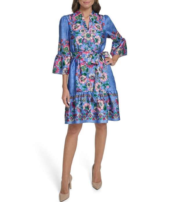 ヴィンスカムート レディース トップス ワンピース Vネック A ライン フラワー柄 プリント フラワー Vince Camuto Floral Print VNeck 34 Sleeve Belted ALine Dress Periwinkle