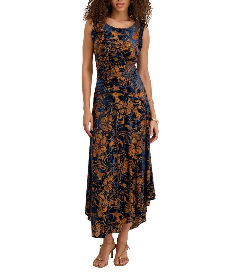 ケンジー レディース トップス ワンピース フラワー柄 ベルベット ノースリーブ フラワー Kensie Floral Velvet Burnout Crew Neckline Sleeveless Sheath Dress GoldTeal ティール