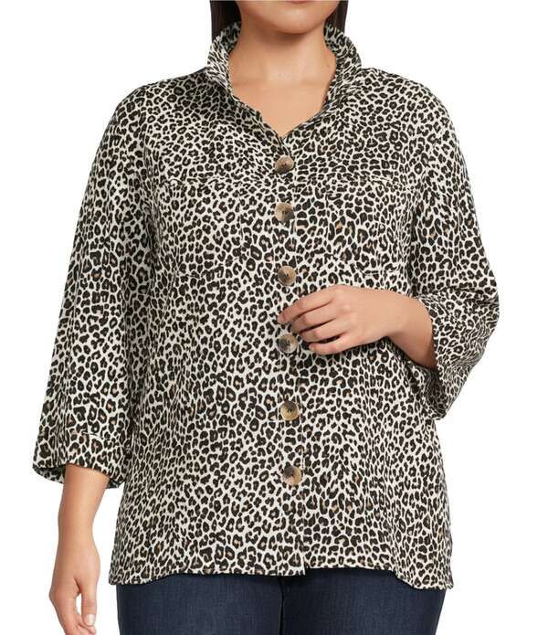 ジョン マーク レディース トップス シャツ プラスサイズ プリント John Mark Plusize Cheetah Print Wire Neck 34 Sleeve ButtonFront Camp Shirt Neutral Animal アニマル
