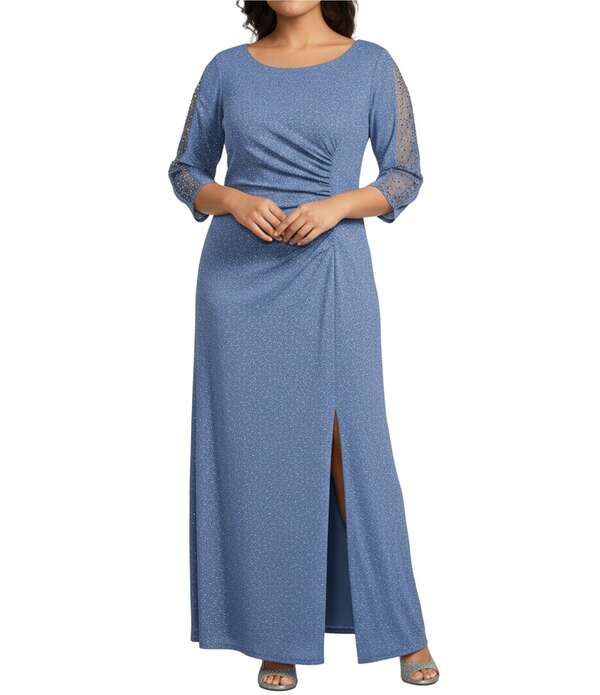 イグナイト レディース トップス ワンピース プラスサイズ ギャザー ニット Ignitevenings Plusize Glitter Knit Round Neck Embellished 34 Sleeve Ruched Gown Slate Blue