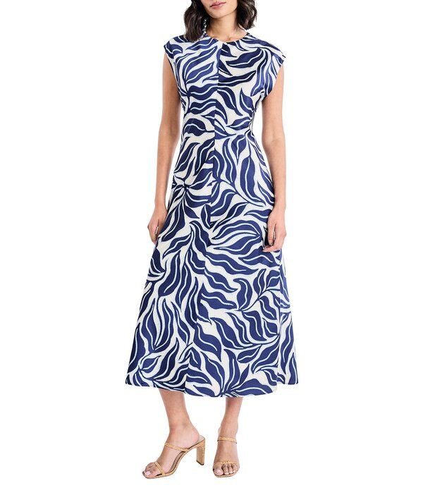 マギーロンドン レディース トップス ワンピース プリント ミディ キャップ Maggy London Charmeuse Leaf Print Cap Sleeve Midi Dress CreamNavy クリーム