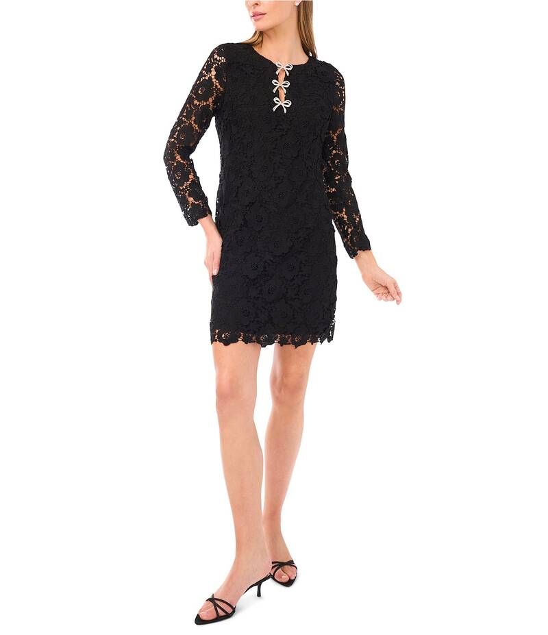セセ レディース トップス ワンピース Vネック レース CeCe VNeck Long Sleeve Lace Bow Dress Rich Black ブラック