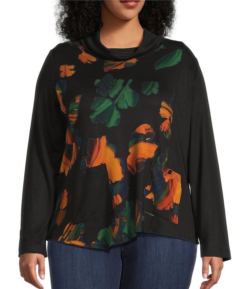 アリ マイルス レディース トップス シャツ アシンメトリー プラスサイズ プリント ニット Ali Miles Plus Size Knit Abstract Multi Print Cowl Neck Long Sleeve Asymmetrical He
