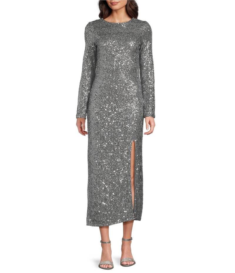 ギブソンアンドラティマー レディース トップス ワンピース マキシワンピース スパンコール マキシ Gibson Latimer Sequin Round Neck Long Sleeve Split Front Flounce Bodycon Maxi Dr