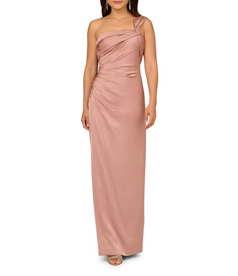 アイダンマットックス レディース トップス ワンピース ギャザー サテン Aidan Mattox Satin One Shoulder Ruched Sheath Dress Warm Cameo